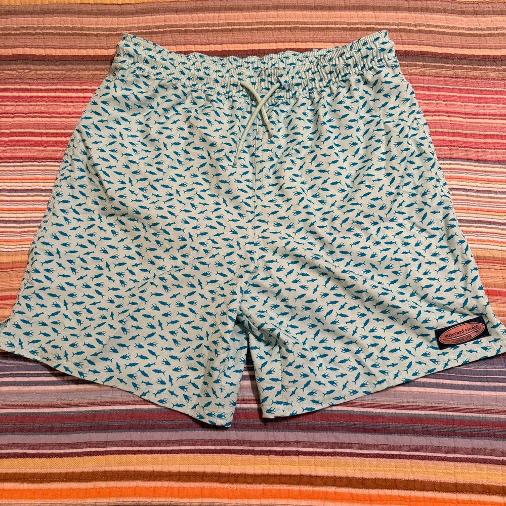 Vineyard Vines Kids XL Shark Print Swim Trunks Mint Green‎ Blue Board Shorts